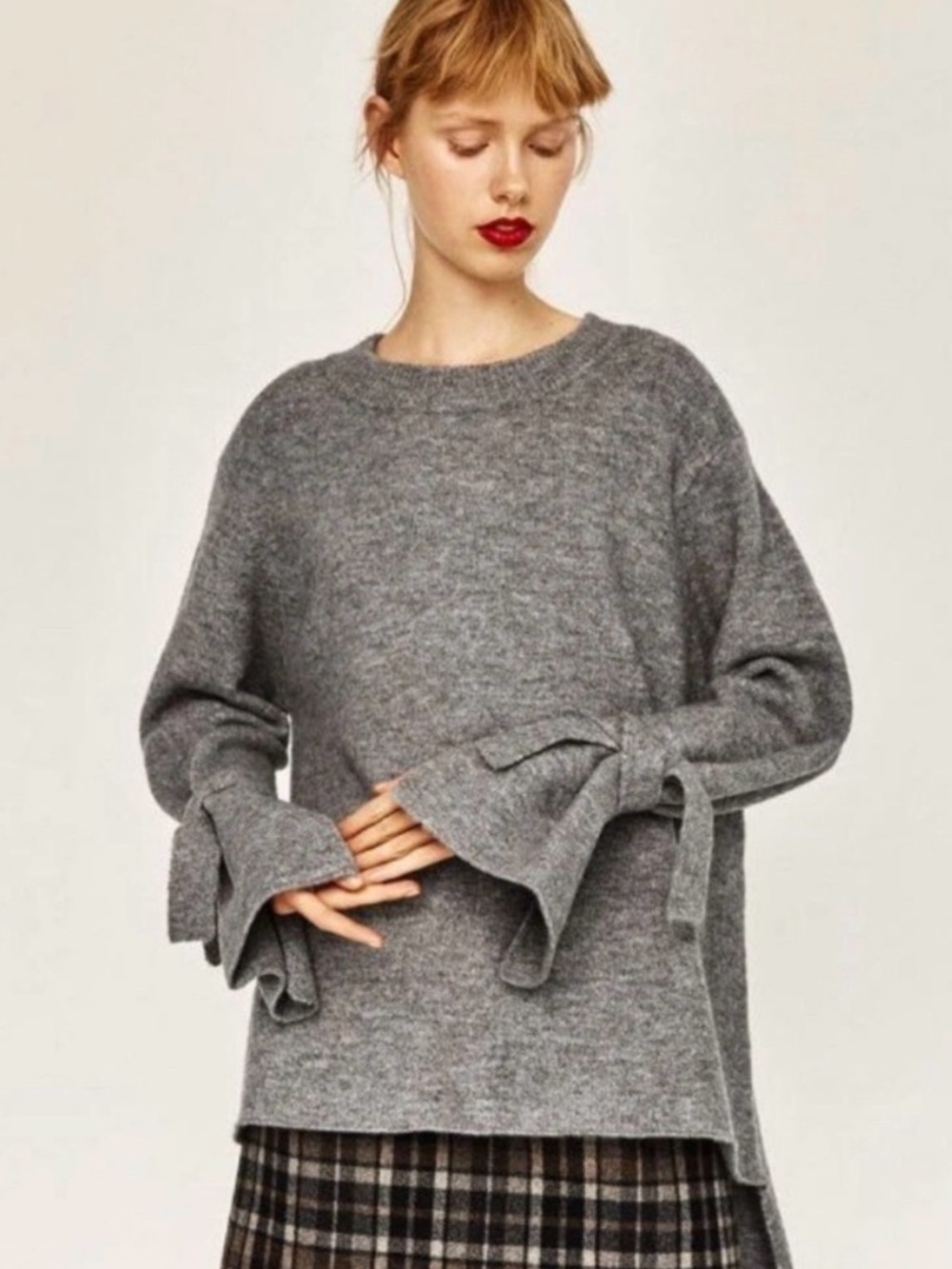 ZARA KNIT SWEATER Heather Gray Tie sleeve cuff oversize size medium